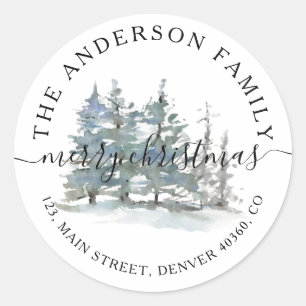 Watercolor forest pine christmas return address classic round sticker
