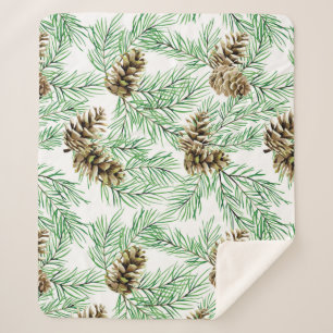 Watercolor Forest Pine Needles Cones Trees Nature  Sherpa Blanket