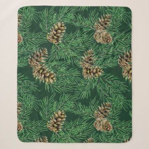 Watercolor Forest Pine Needles Cones Trees Nature Sherpa Blanket