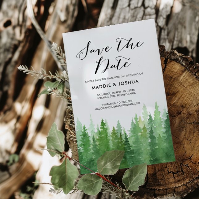 Watercolor Forest Pine Trees Photo Save the Date  (Creator Uploaded)