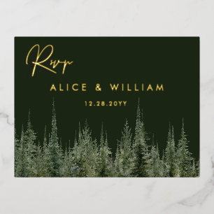 Watercolor Forest Pine Trees Rustic Wedding RSVP Foil Invitation Postcard