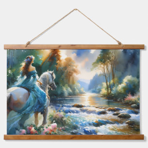 Watercolor Forest River Horsewoman Dreamscape Hanging Tapestry