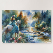 Watercolor Forest River Horsewoman Dreamscape