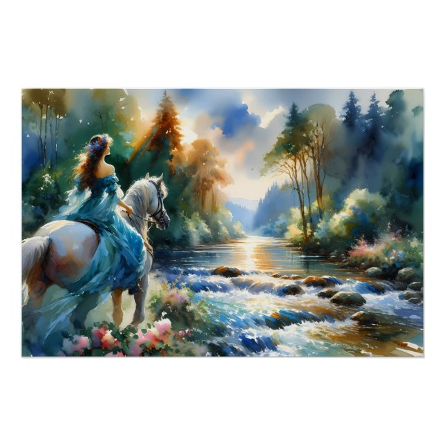 Watercolor Forest River Horsewoman Dreamscape Poster (Front)