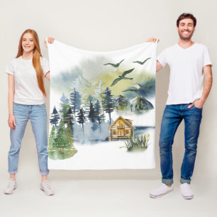 Watercolor forest scene  fleece blanket