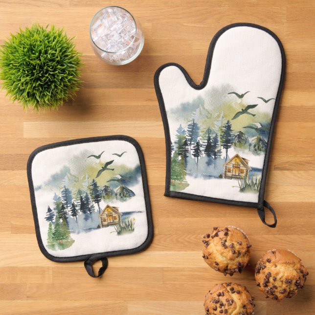Watercolor forest scene oven mitt & pot holder set (Top Down)