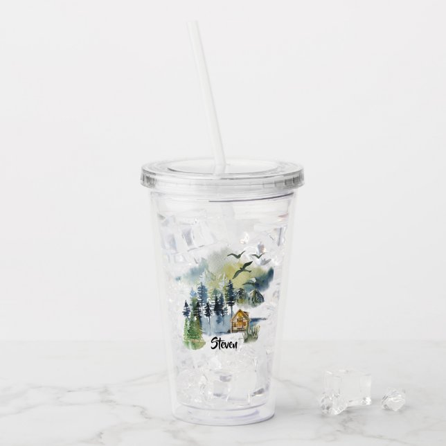 Watercolor forest scene personalised acrylic tumbler (Front Ice)