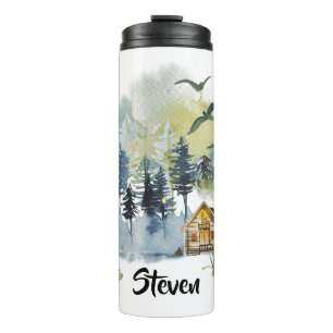 Watercolor forest scene personalised thermal tumbler