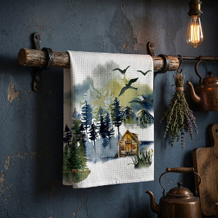 Watercolor forest scene tea towel