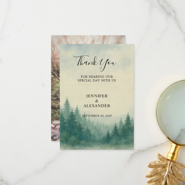Watercolor forest Thank You photo wedding card (Front/Back In Situ)