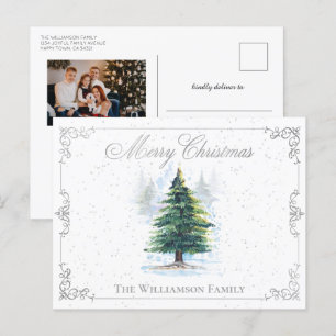 Watercolor Forest Trees Grey Elegant Frame Photo Holiday Postcard
