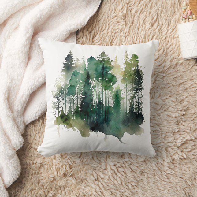 Watercolor Forest Trees Nature Green Browns Cushion (Blanket)