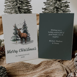 Watercolor Forest Trees Reindeer Merry Christmas   Holiday Card