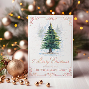 Watercolor Forest Trees with Pink Elegant Frame Holiday Card