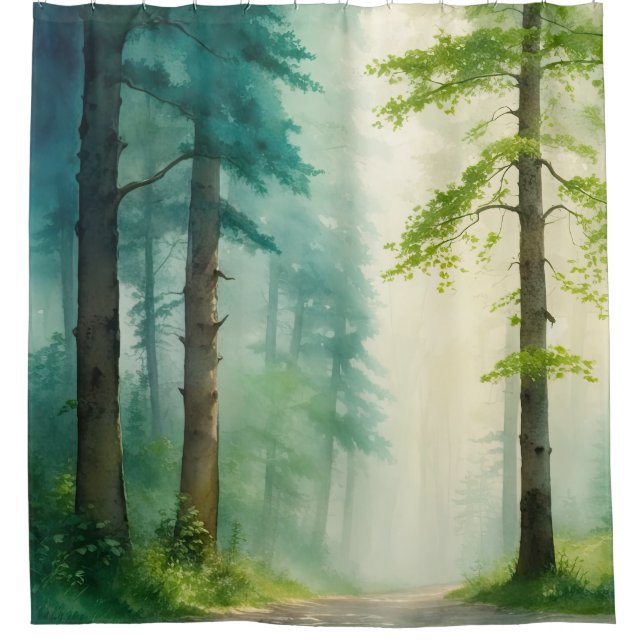 Watercolor Forest Trees Woods Woodland Shower Curtain (Front)