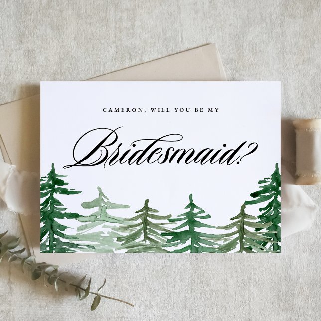 Watercolor Forest Will You Be My Bridesmaid Card (Customizable woodland Will You Be My Bridesmaid card featuring watercolor enchanted forest.)