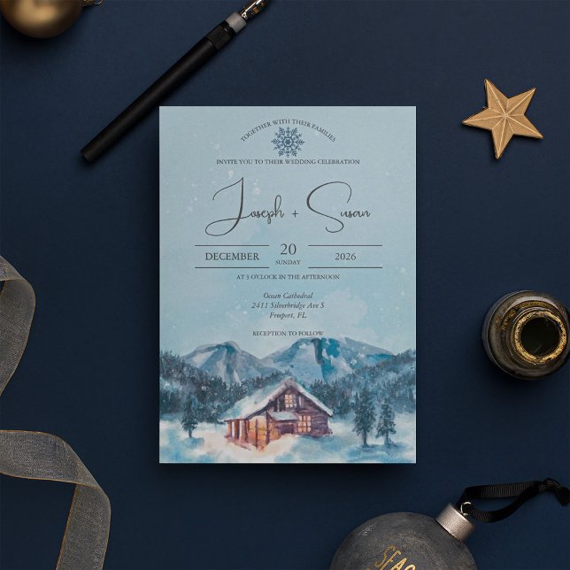 Watercolor Forest Winter Snowy Mountain Wedding Invitation (Creator Uploaded)
