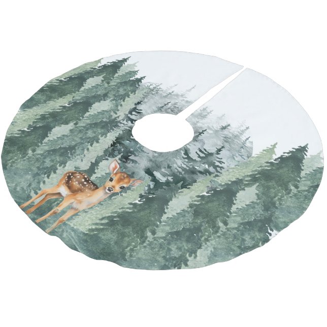 Watercolor Forest with Deer Brushed Polyester Tree Skirt (Angled)