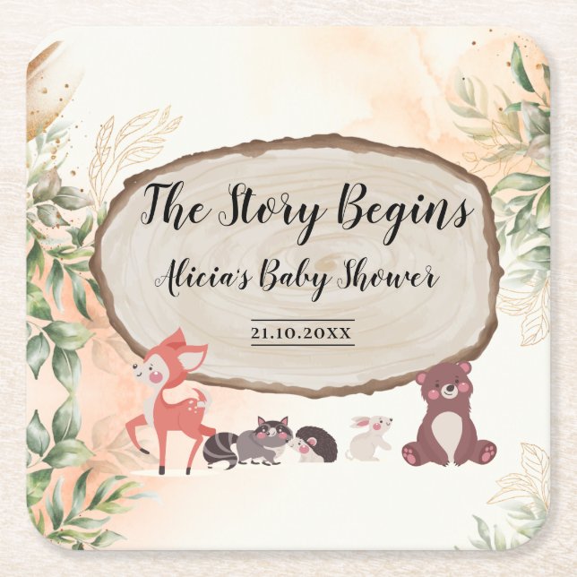 Watercolor Forest/Woodland Baby Shower Square Paper Coaster (Front)