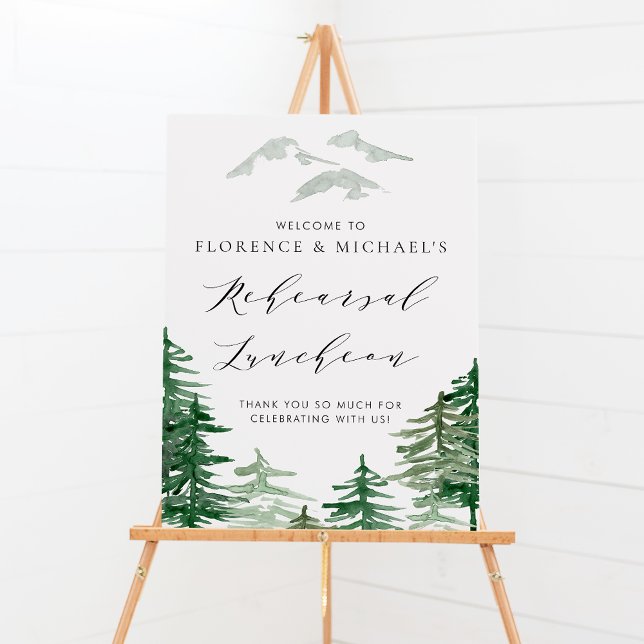 Watercolor Forest Woodland Rehearsal Brunch Poster (Customizable woodland wedding rehearsal luncheon welcome sign featuring watercolor forest. )