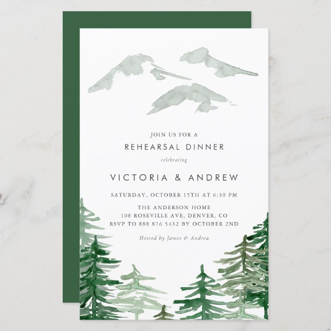 Watercolor Forest Woodland Rehearsal Dinner Invite (Front/Back)