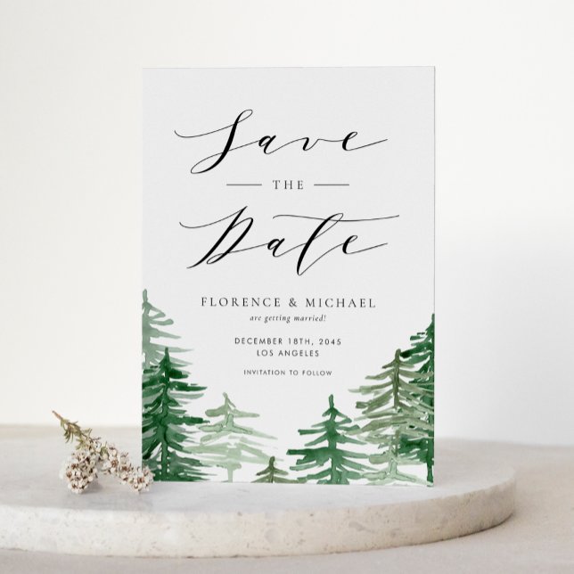 Watercolor Forest Woodland Save the Date Announcement Postcard (Customizable woodland save the date announcement postcard featuring watercolor forest scenery)