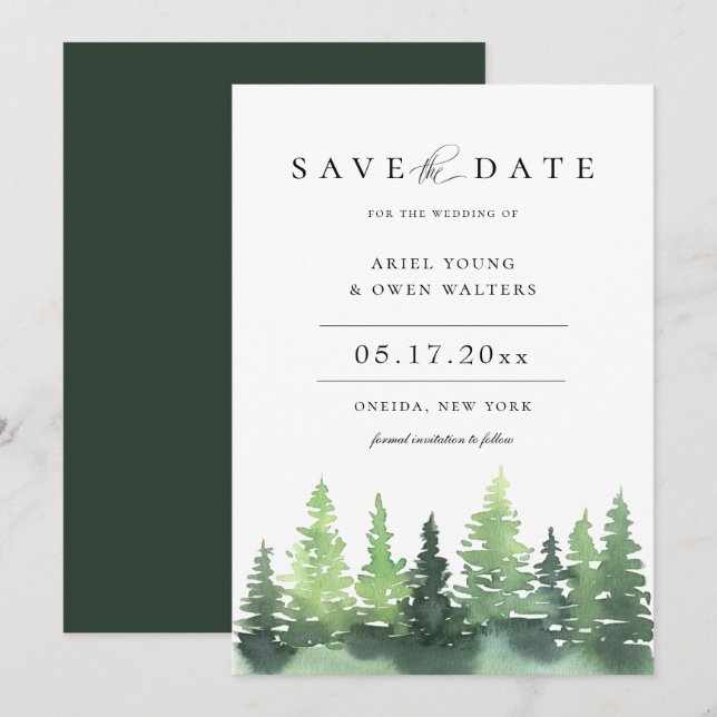 Watercolor Forest Woodland Wedding Save The Date Announcement (Front/Back)
