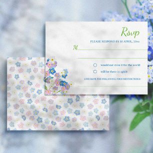 Watercolor Forget Me Not Blue & Pink Wedding  RSVP Card