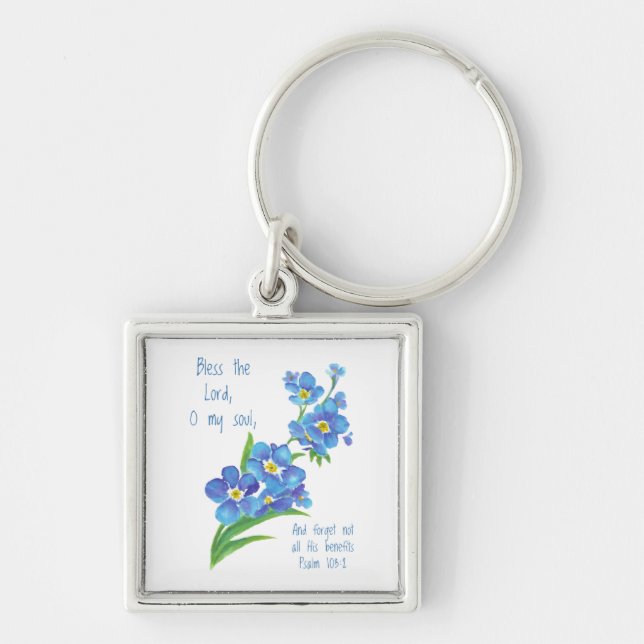 Watercolor Forget Me Not Flower & Scripture Key Ring (Front)