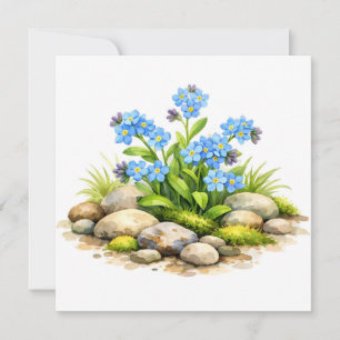 Watercolor Forget Me Not Flowers by the Rocks Card