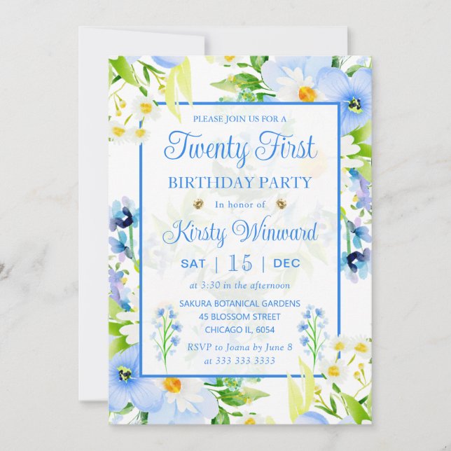 Watercolor Forget-Me-Nots & Daisies 21st Birthday Invitation (Front)
