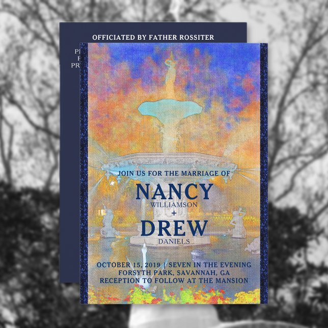 Watercolor Forsyth Park Fountain at Night Wedding Invitation (Creator Uploaded)