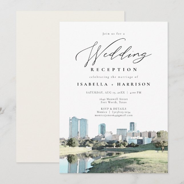 Watercolor Fort Worth Skyline Wedding Reception Invitation (Front/Back)