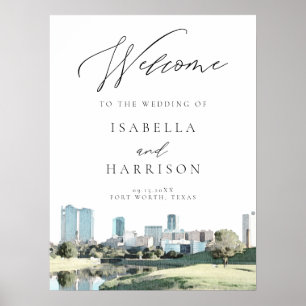 Watercolor Fort Worth Skyline Wedding Welcome Sign