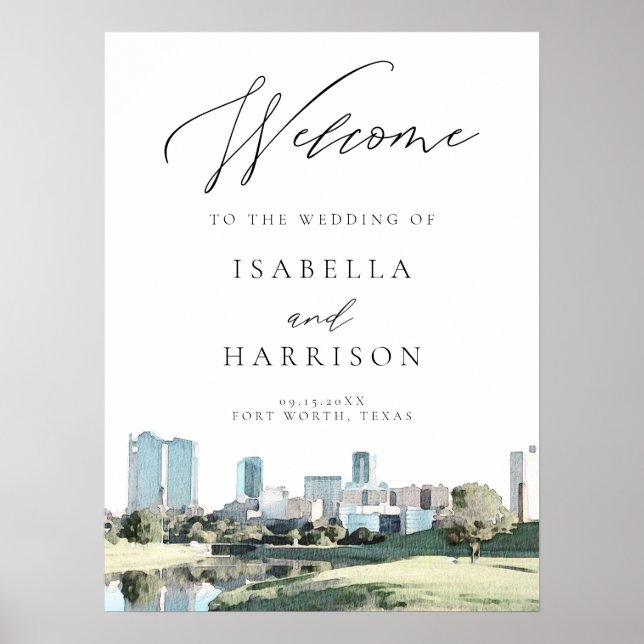 Watercolor Fort Worth Skyline Wedding Welcome Sign (Front)