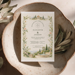 Watercolor Fountain Italian Garden Wedding Invitation