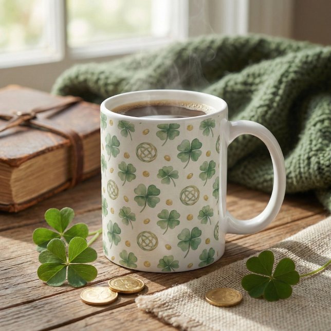 Watercolor Four Leaf Clovers & Celtic Knots Coffee Mug (Creator Uploaded)