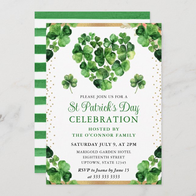 Watercolor Four Leaf Clovers St Patrick's Day Invitation (Front/Back)
