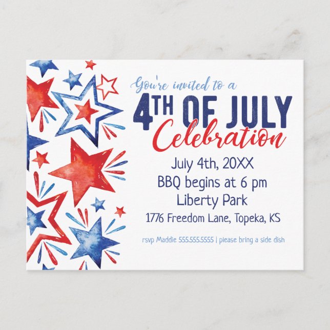 Watercolor Fourth of July Party Invitation Postcard (Front)