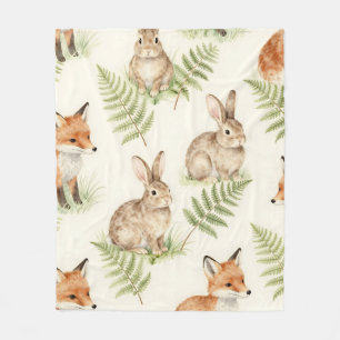 Watercolor Fox and Bunny Forest Pattern Fleece Blanket