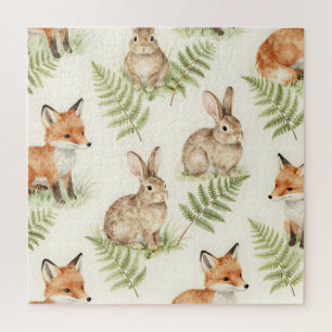 Watercolor Fox and Bunny Forest Pattern Jigsaw Puzzle