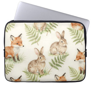 Watercolor Fox and Bunny Forest Pattern Laptop Sleeve