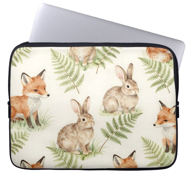 Watercolor Fox and Bunny Forest Pattern Laptop Sleeve (Front)