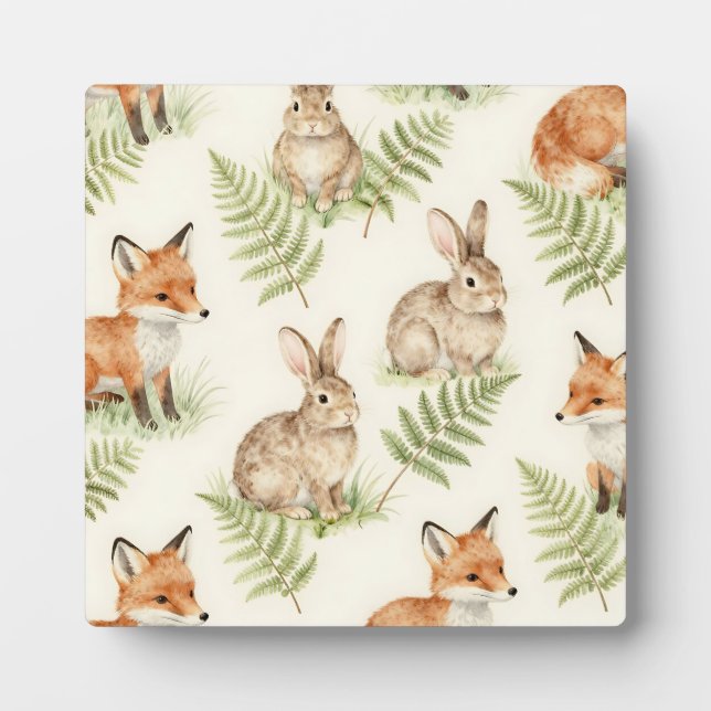 Watercolor Fox and Bunny Forest Pattern Plaque (Front)