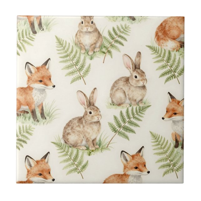 Watercolor Fox and Bunny Forest Pattern Tile (Front)