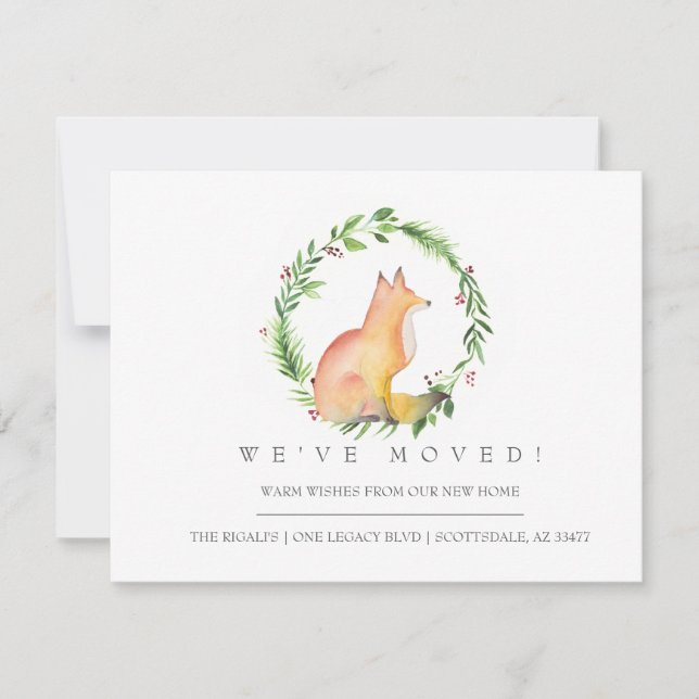 Watercolor Fox and Christmas Greenery We've Moved Card (Front)
