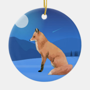 Watercolor Fox and Moon Blue Night Christmas Tree Ceramic Tree Decoration