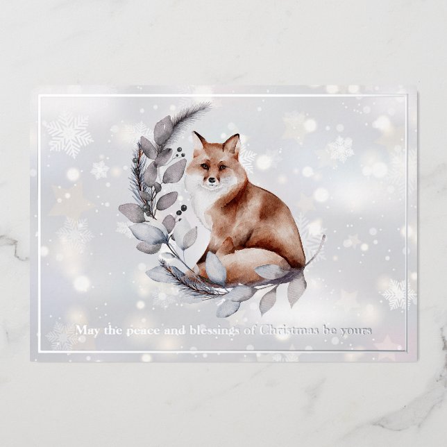Watercolor fox and snow custom Christmas Foil Holiday Card (Front)