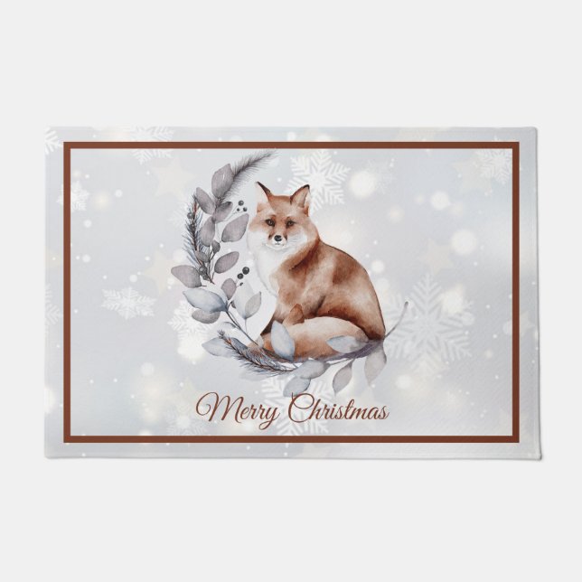 Watercolor fox and snow  holiday   doormat (Front)