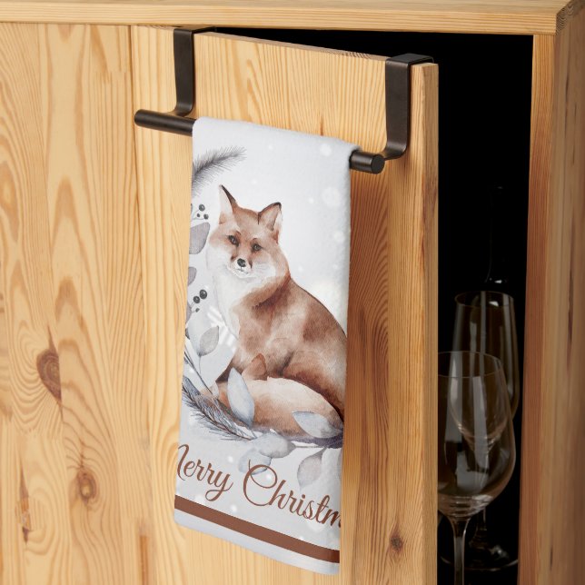 Watercolor fox and snow  holiday   kitchen towel (Thirds Fold)